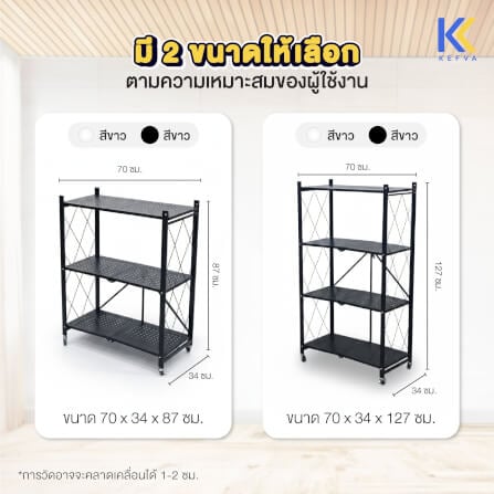 ชั้นวางของเหล็กพับได้ KEFVA พร้อมล้อเลื่อน 3 ชั้น ขนาด 70X34X87 ซม. สีขาว_2